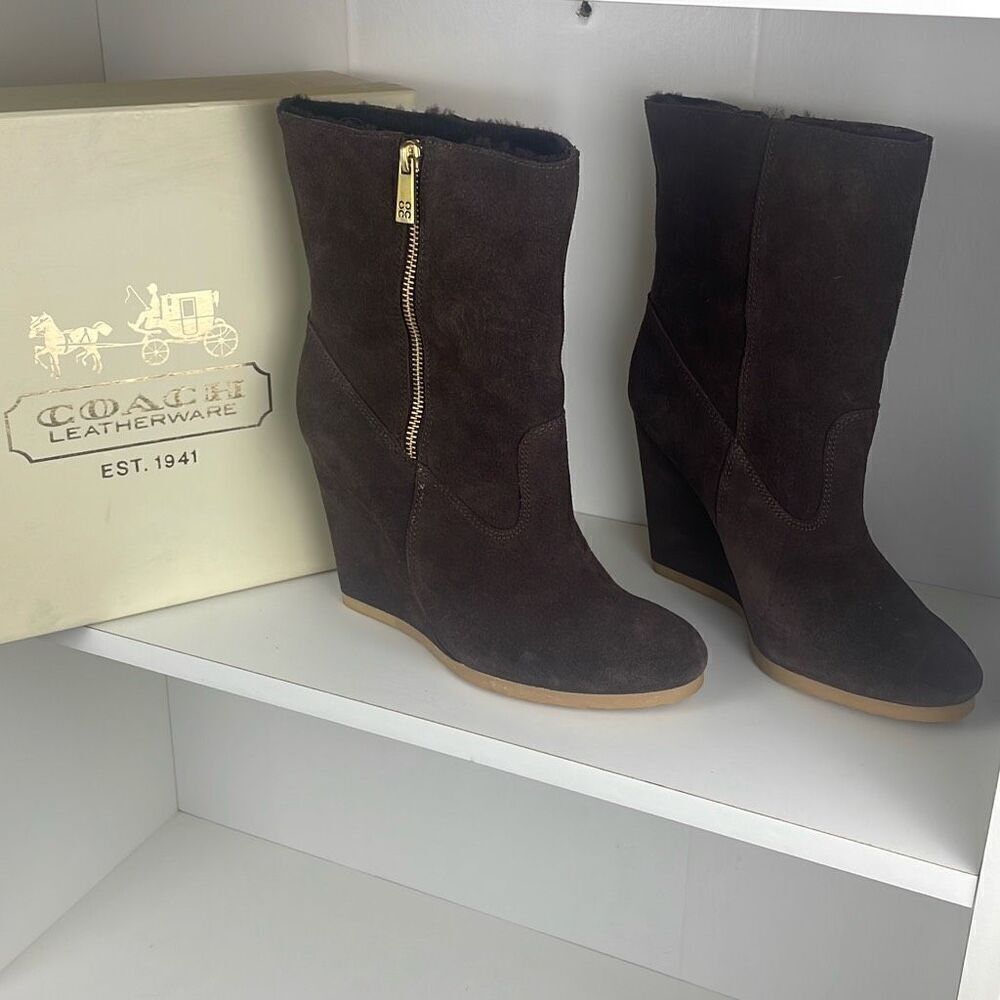 Coach Danee Suede Shearling Shaft Ankle Boots Chestnut Brown 7.5